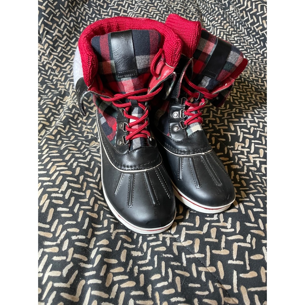 Womens Duck Boots‎ 6.5 Black Red Plaid Winter Rain Snow Waterproof